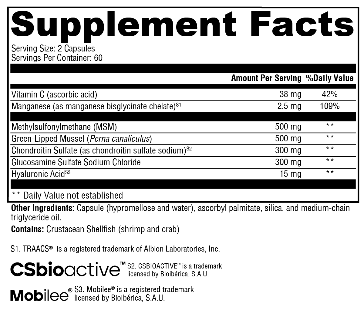 SynovX® DJD Supplement Facts Label