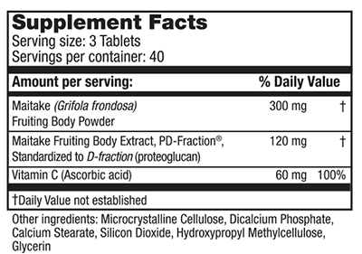 Maitake D Fraction Pro 4X Tablets Supplement Facts Label