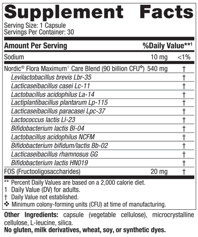 Nordic Flora Probiotic Maximum Care Supplement Facts Label