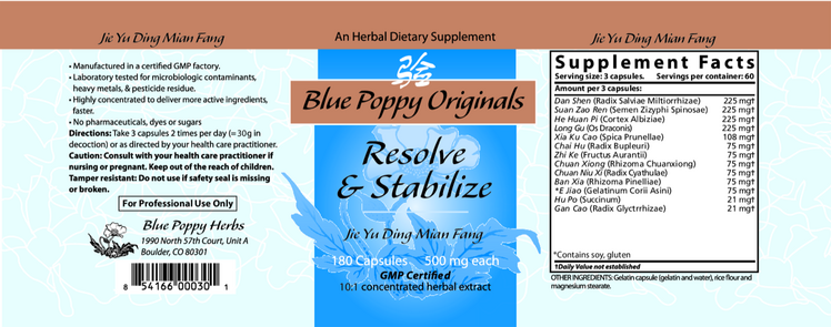 Resolve and Stabilize Supplement Facts Label