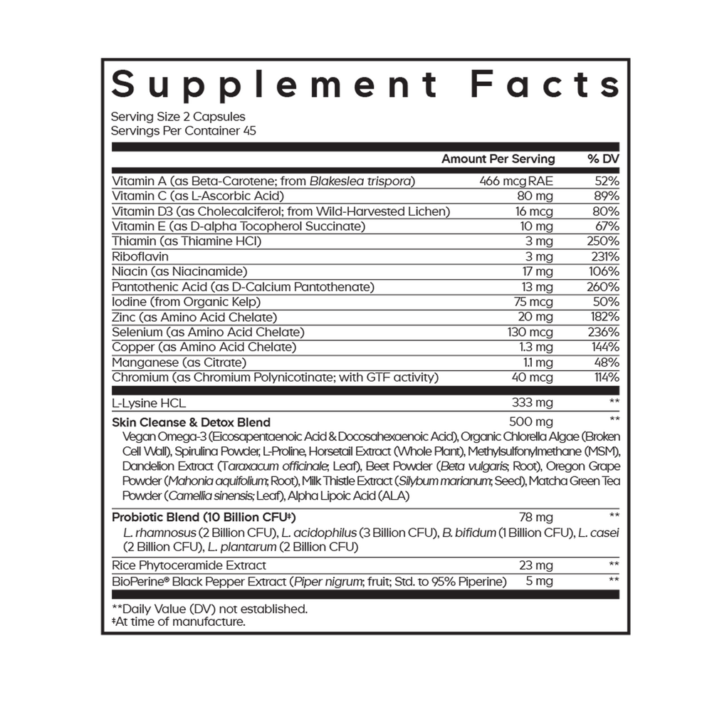 Clearface Acne Skin Vitamins Supplement Facts Label