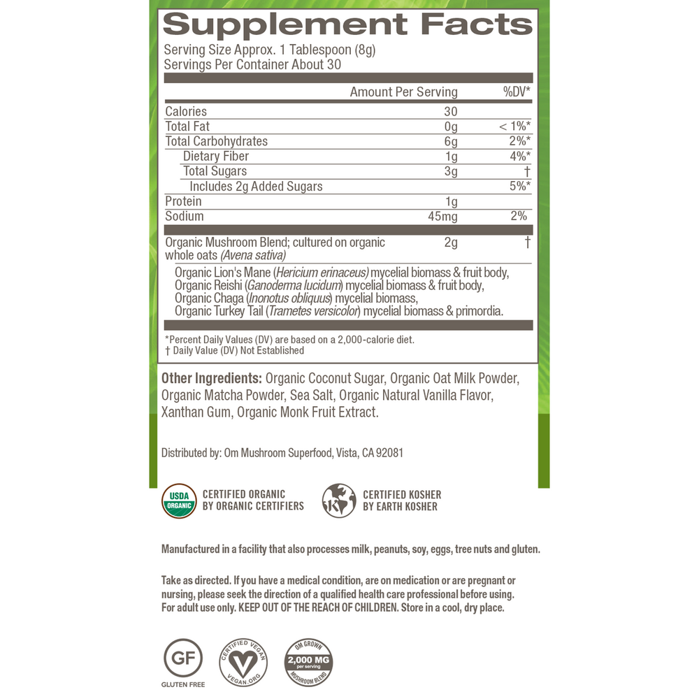 Mushroom Matcha Latte Blend Supplement Facts Label