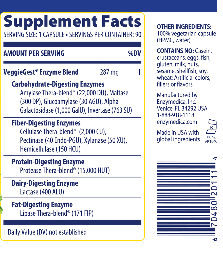 VeggieGest Supplement Facts Label