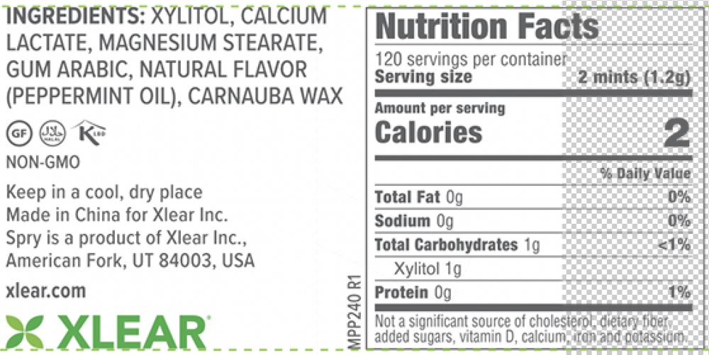 Spry Xylitol Mints Peppermint Supplement Facts Label