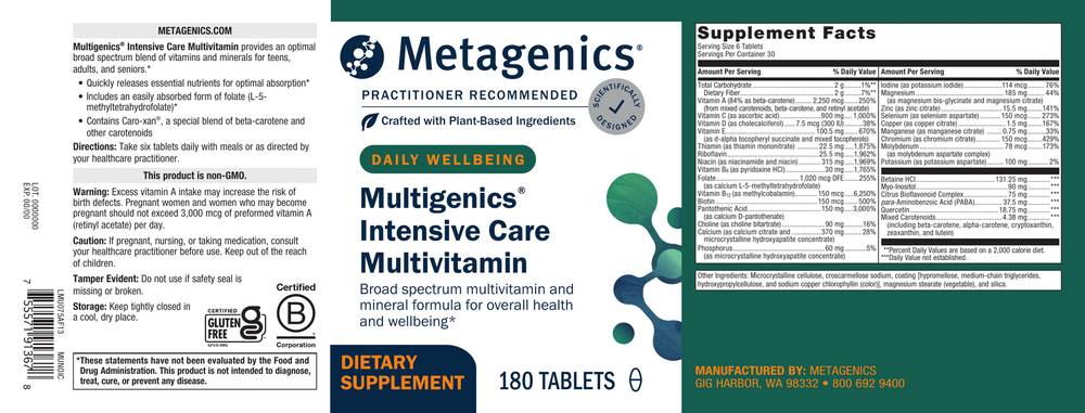 Multigenics Intensive Care without Iron Supplement Facts Label