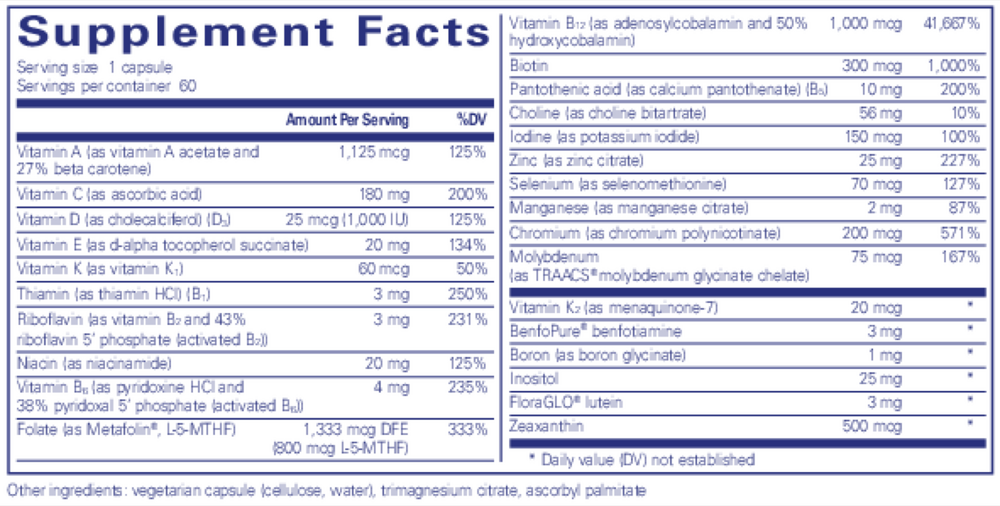 PureGenomics® Multivitamin Supplement Facts Label