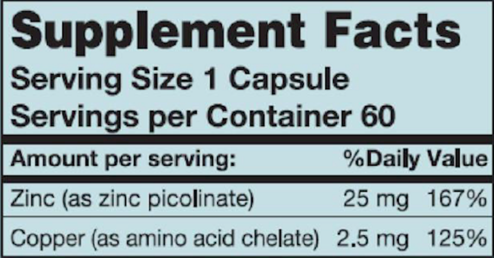 Zinc Picolinate Plus 25mg Supplement Facts Label
