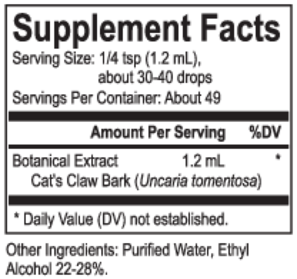 Core Cat's Claw Supplement Facts Label