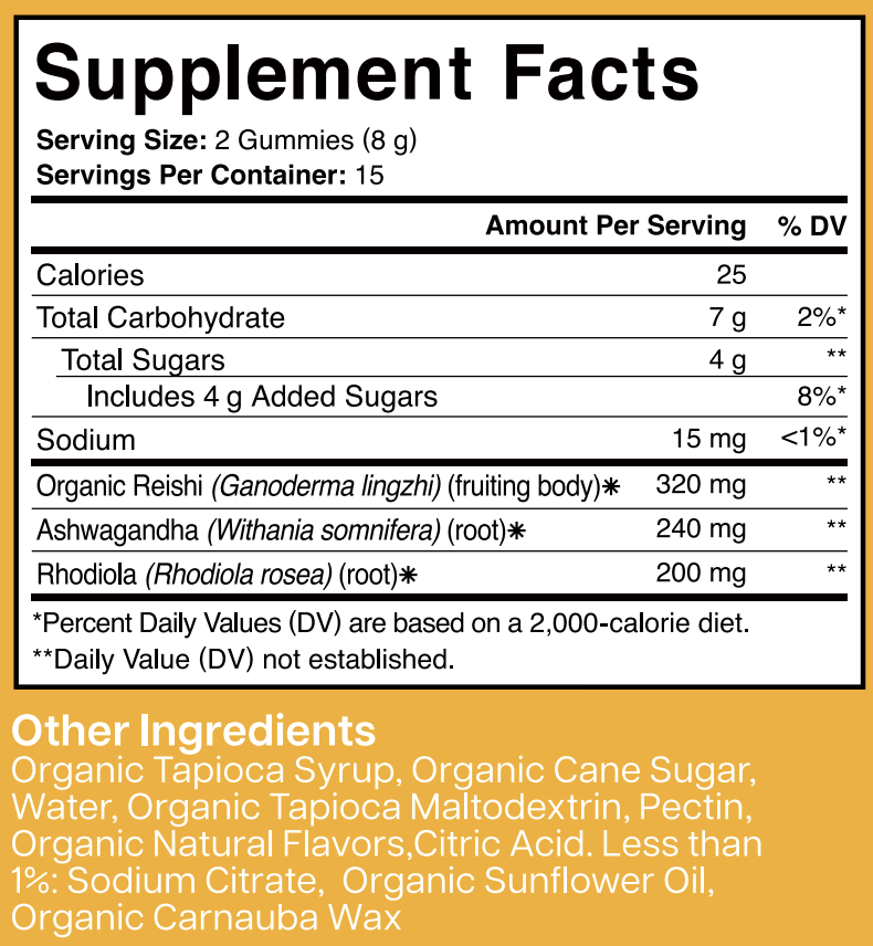 Reishi + Ashwagandha Stress Support Supplement Facts Label