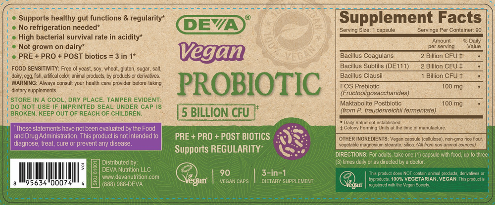 Vegan Probiotic with Prebiotics and Postbiotics Supplement Facts Label