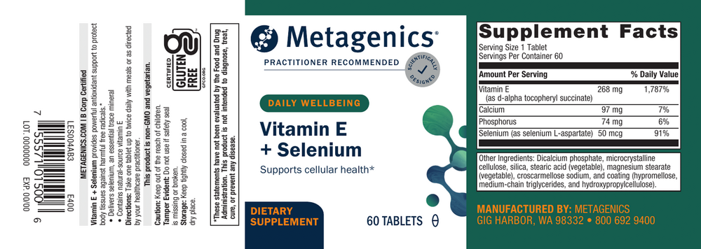 Vitamin E + Selenium (formerly E-400 Selenium) Supplement Facts Label