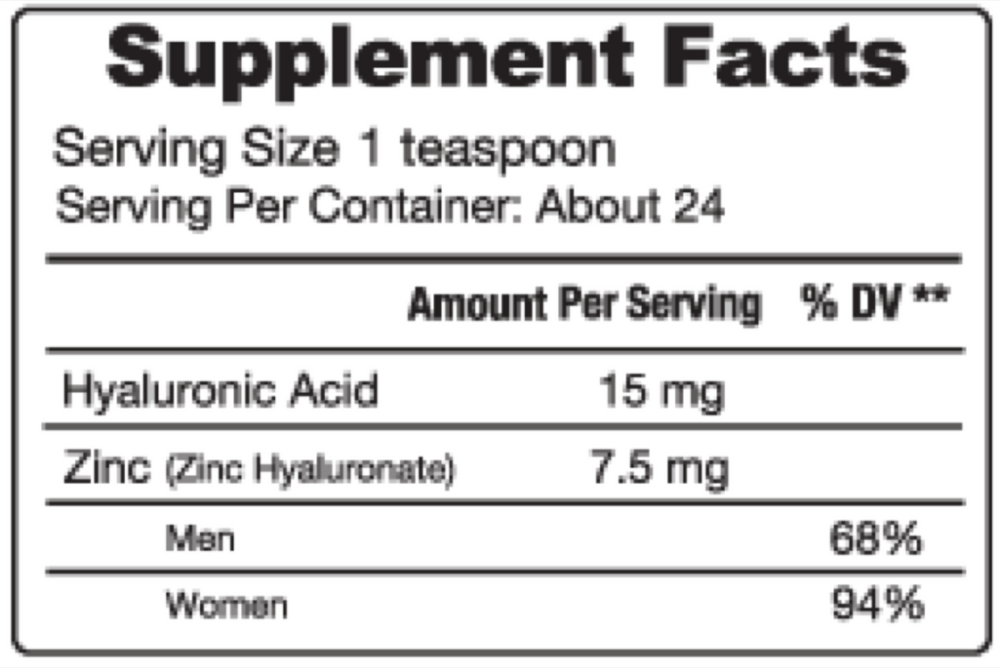 Hyaluronic Acid + Zinc Supplement Facts Label