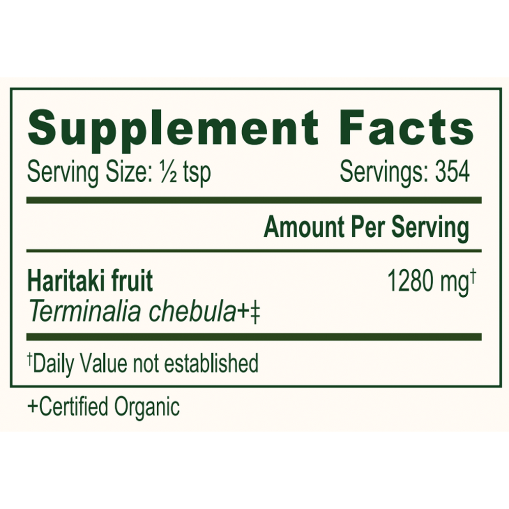 Haritaki Fruit Powder Organic Supplement Facts Label