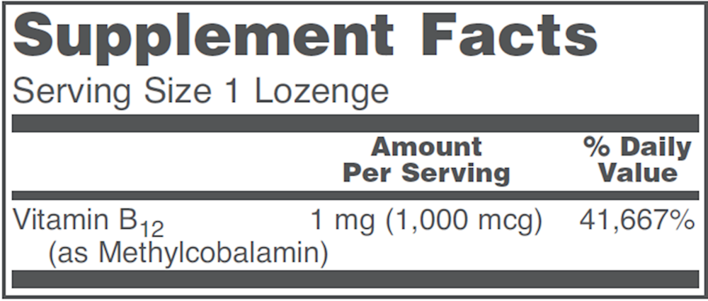 Methyl B12 1000 mcg Supplement Facts Label