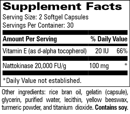 Nattokinase w/ Vitamin E Supplement Facts Label