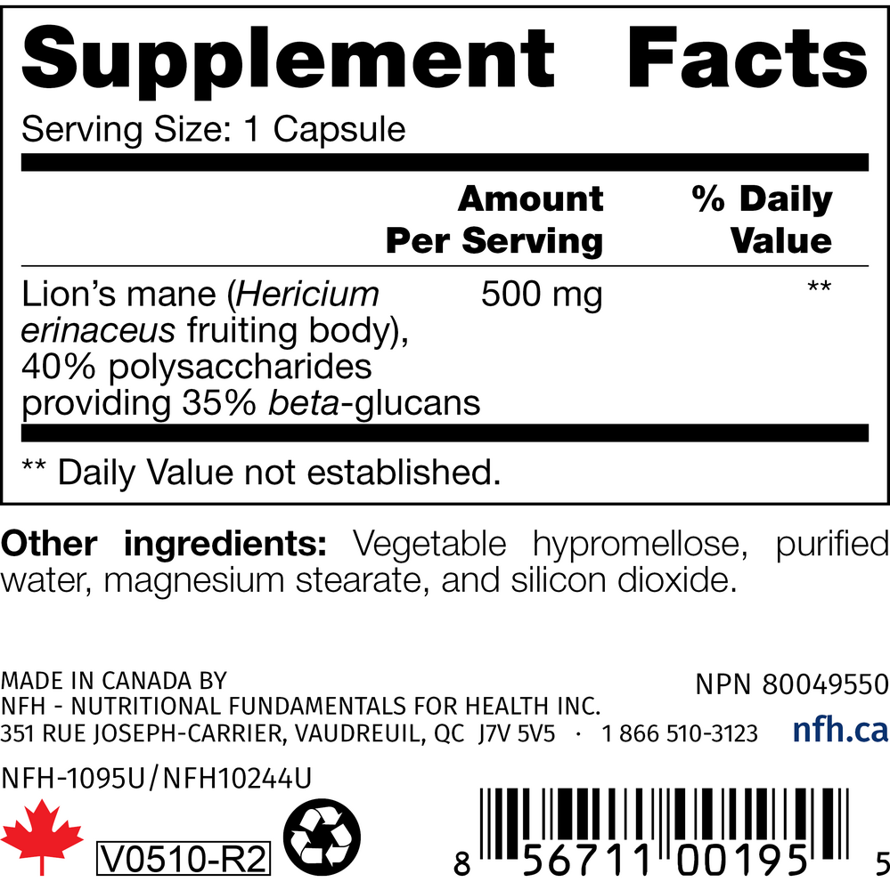 Hericium Erinaceus SAP Supplement Facts Label