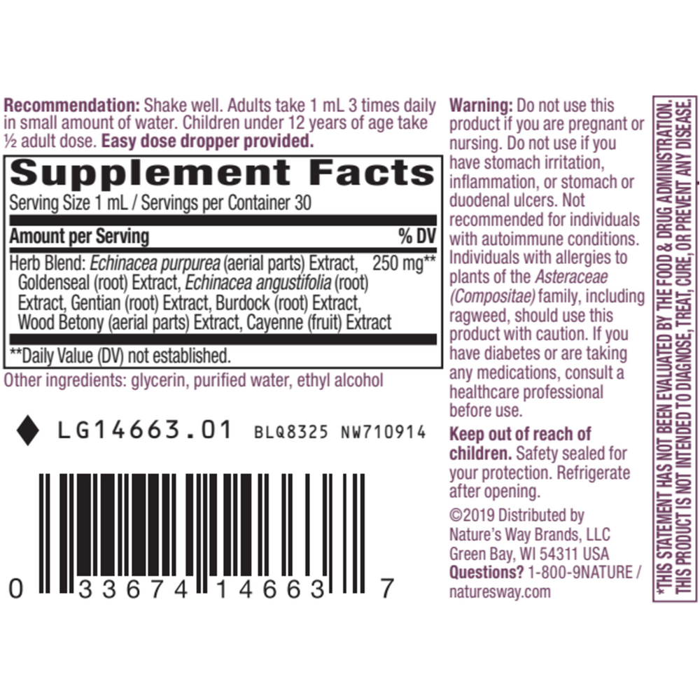 Echinacea Goldenseal Alcohol Free Supplement Facts Label