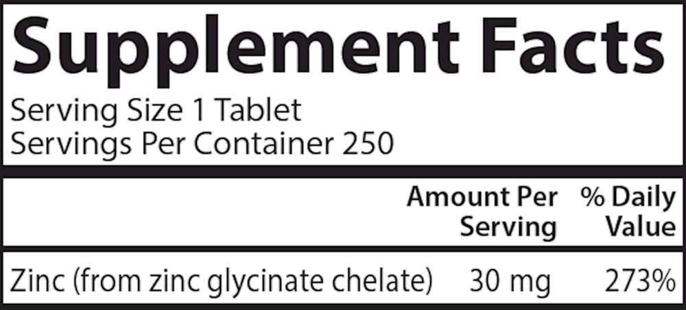 Chelated Zinc Supplement Facts Label