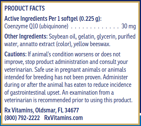 CoQ10 30 for Dogs & Cats Supplement Facts Label