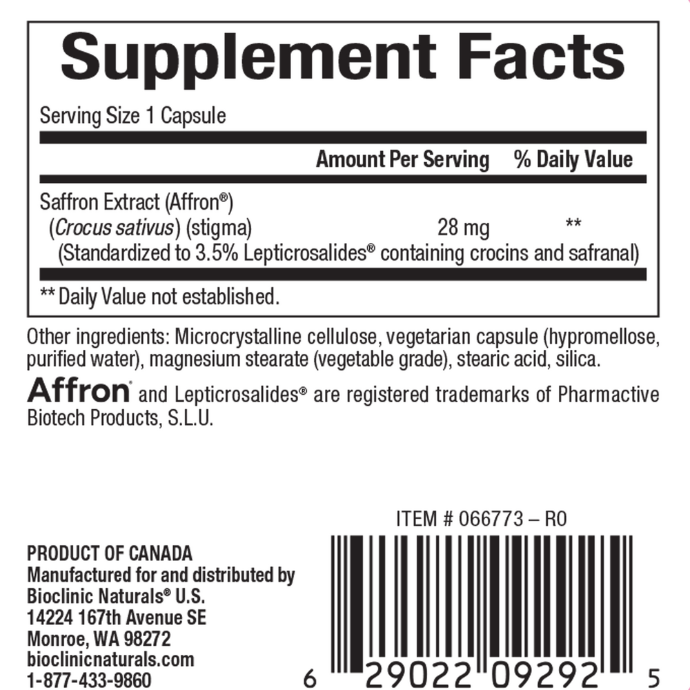 Saffron Extract Supplement Facts Label