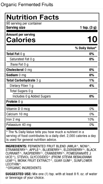 Organic Fermented Fruits Supplement Facts Label