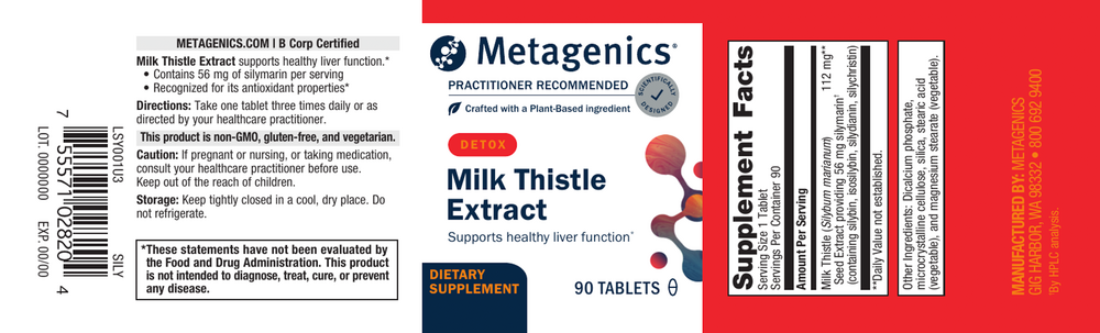 Milk Thistle Extract (Formerly known as Silymarin 80) Supplement Facts Label