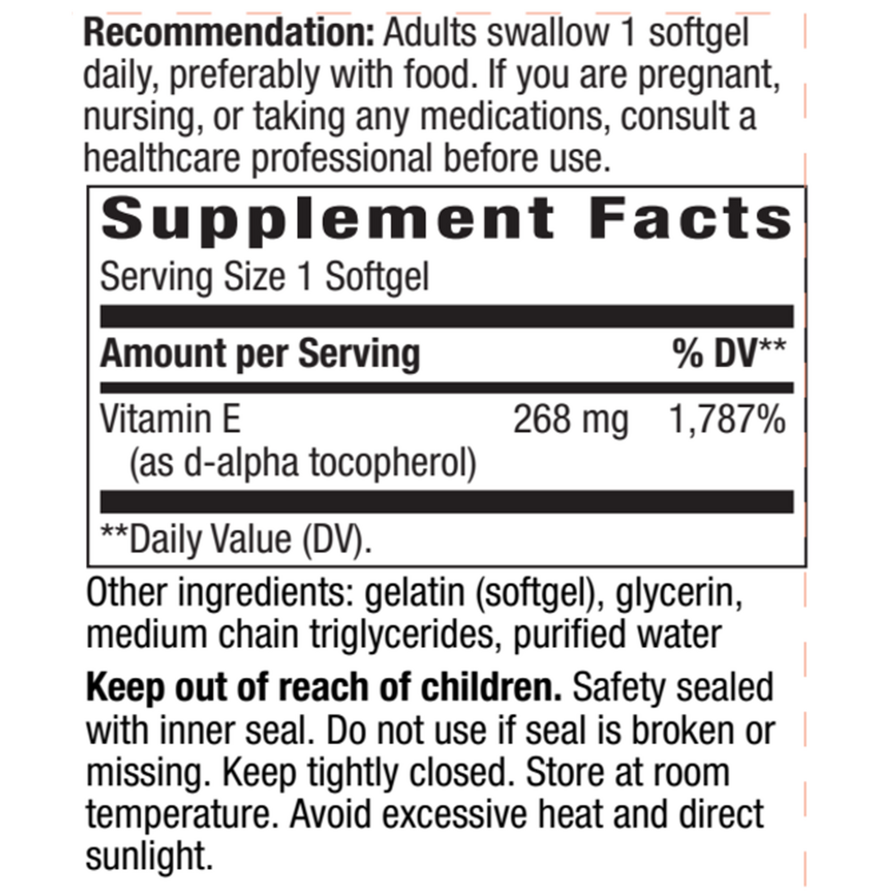 Vitamin E 400 IU 100 softgels Supplement Facts Label