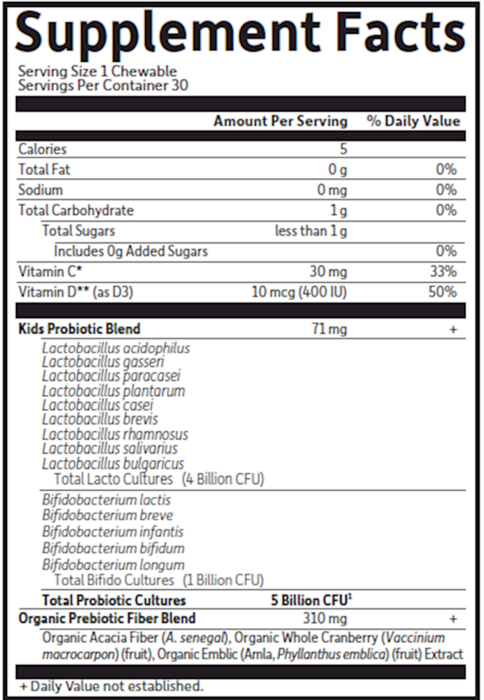 Organic Kids Probiotics Watermelon Supplement Facts Label