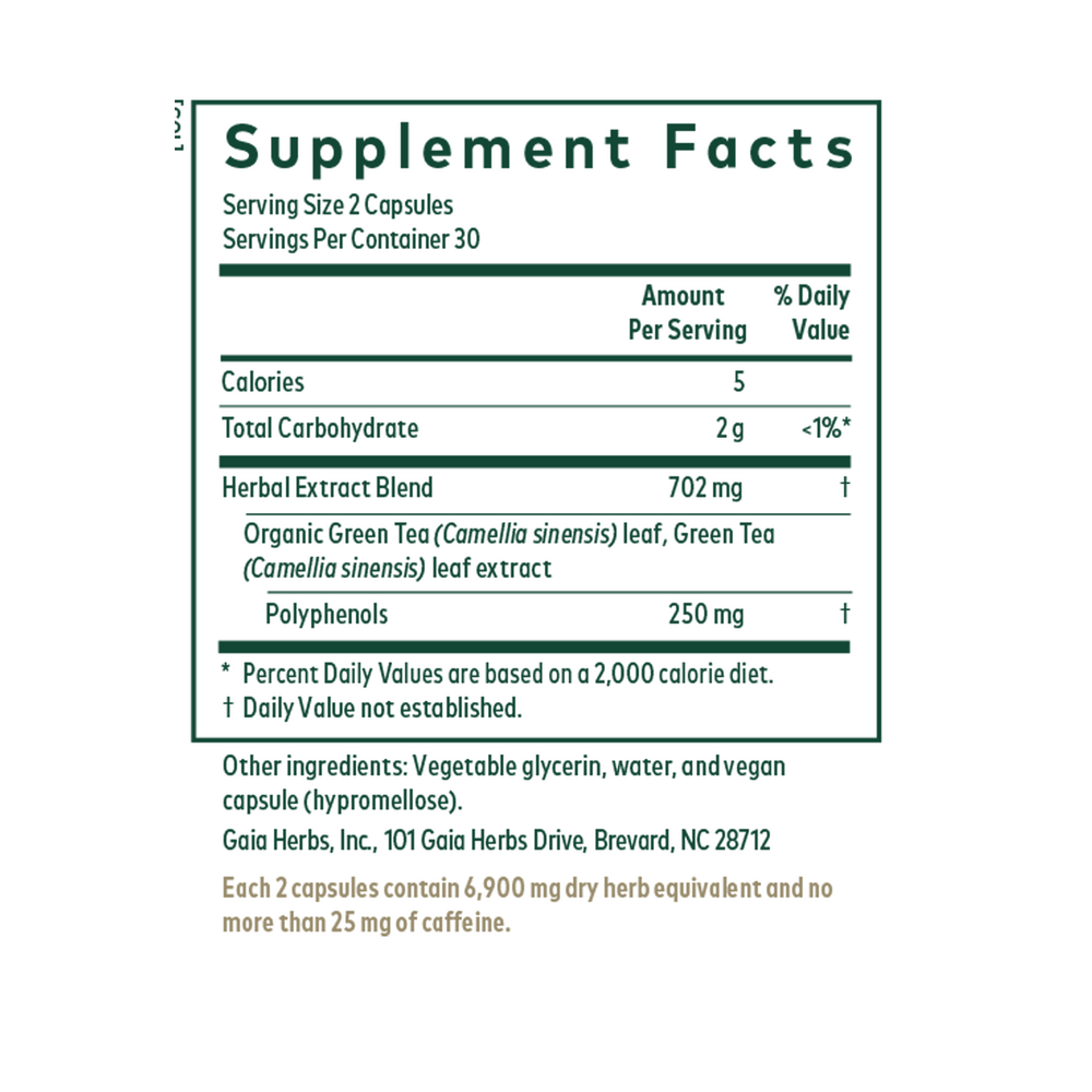 Green Tea Supplement Facts Label