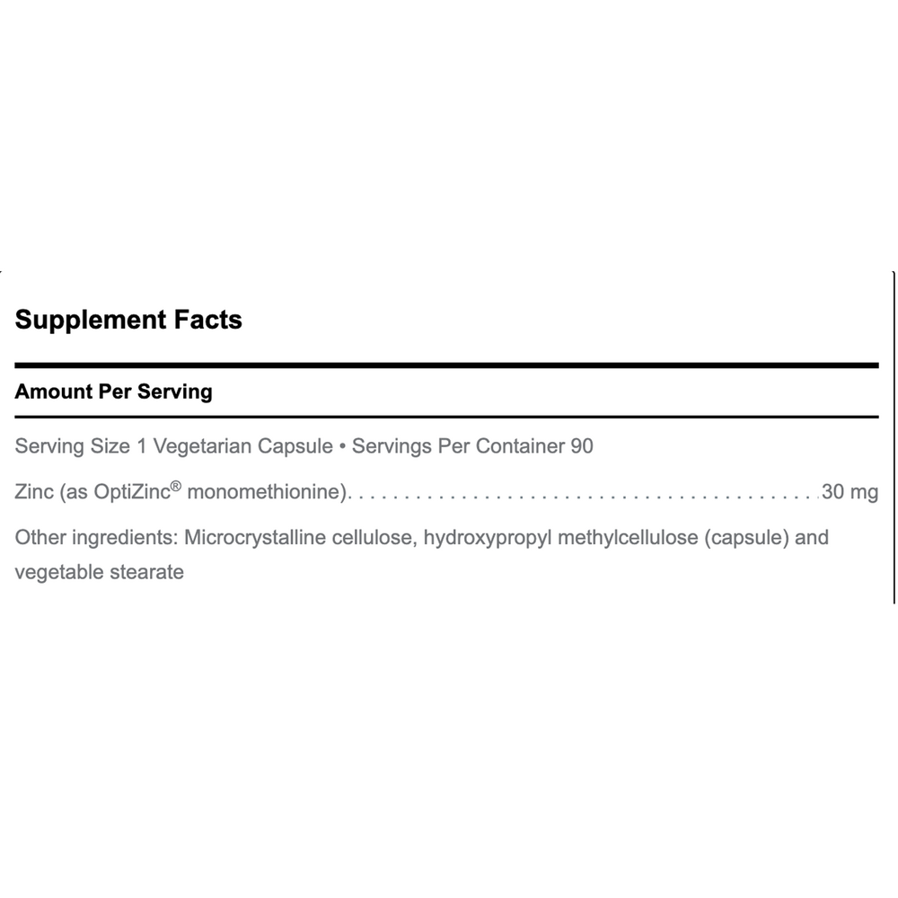 Opti-Zinc 30 Supplement Facts Label