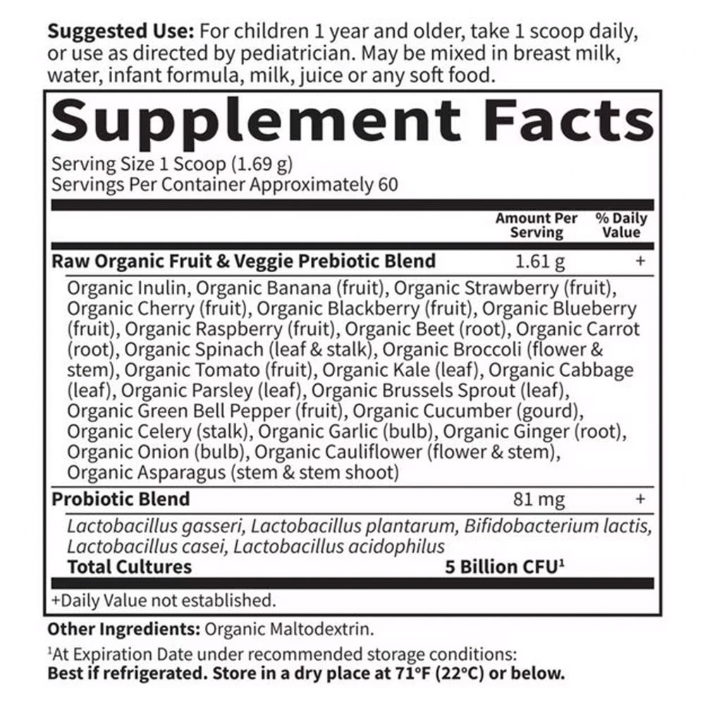 RAW Probiotics Kids Supplement Facts Label