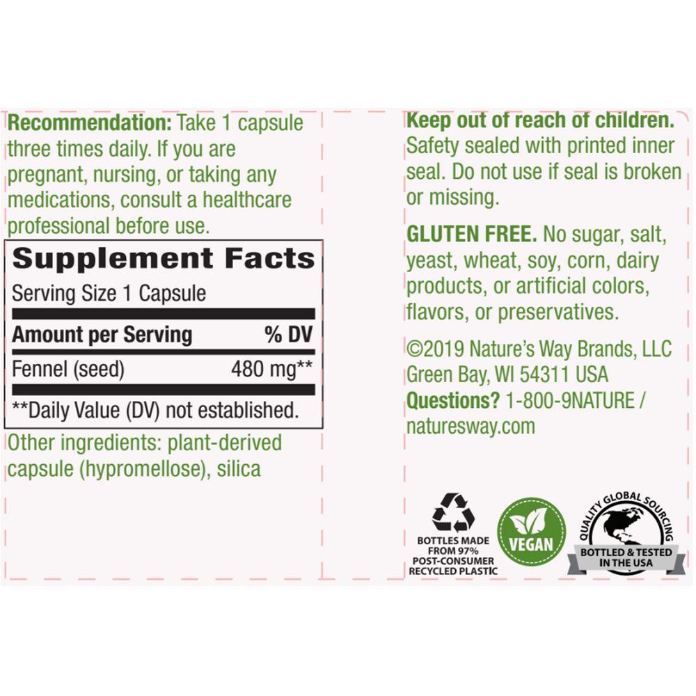 Fennel Seed 480 mg Supplement Facts Label