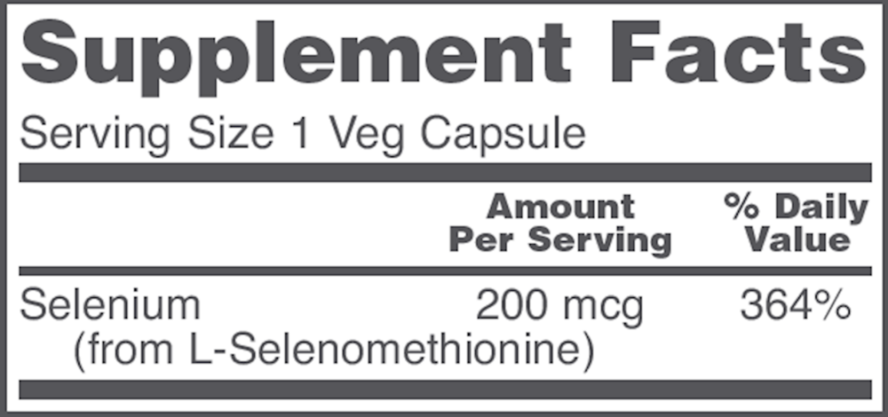 Selenium 200 mcg Supplement Facts Label