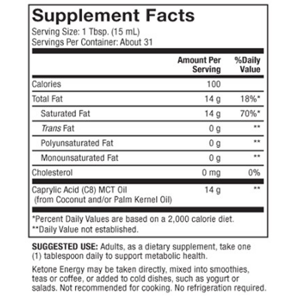 Biothin Ketone Energy MCT Oil Supplement Facts Label