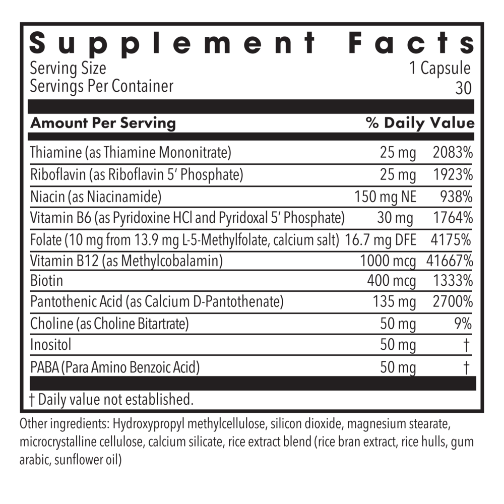 B-Complex + 10 mg L-Methylfolate Supplement Facts Label