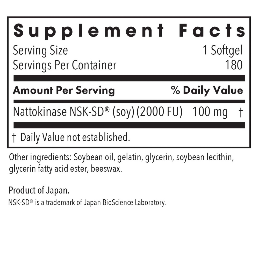 Nattokinase 100 mg NSK-SD® 60 Count Supplement Facts Label