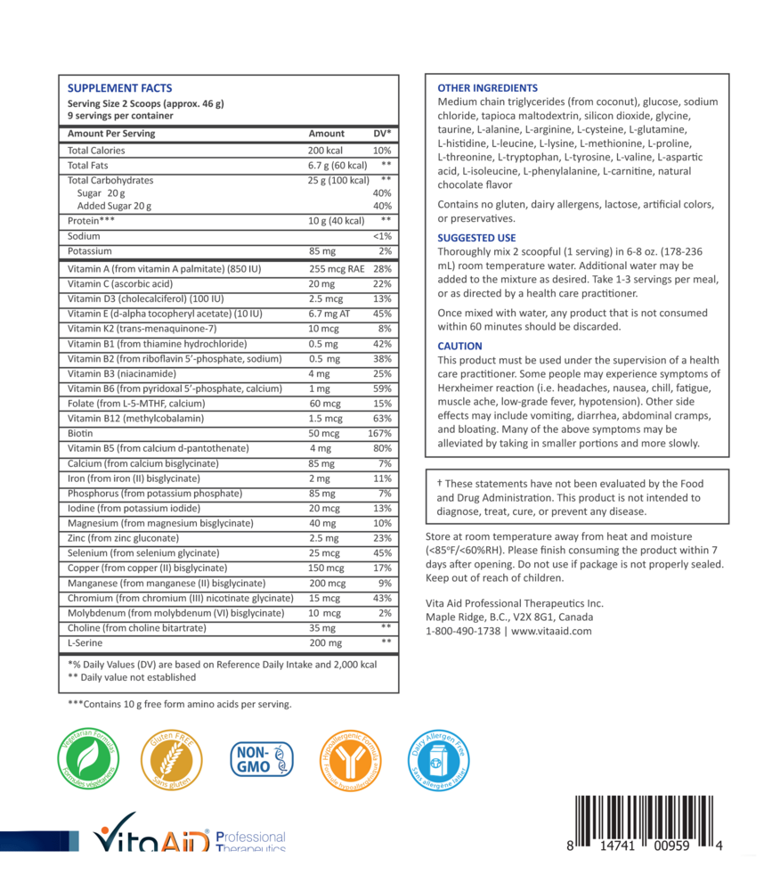 Elemental Nutrition (Chocolate) Supplement Facts Label