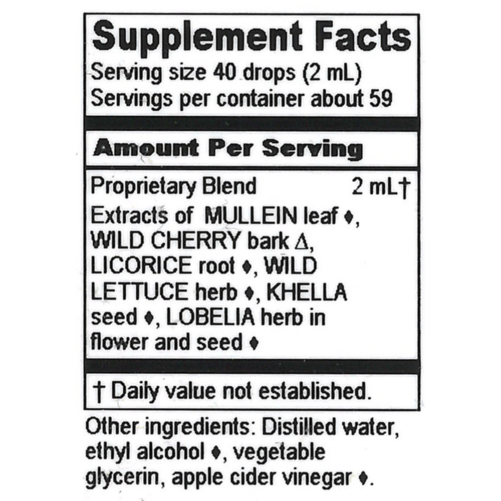 Lung Relief Antispasmodic Supplement Facts Label