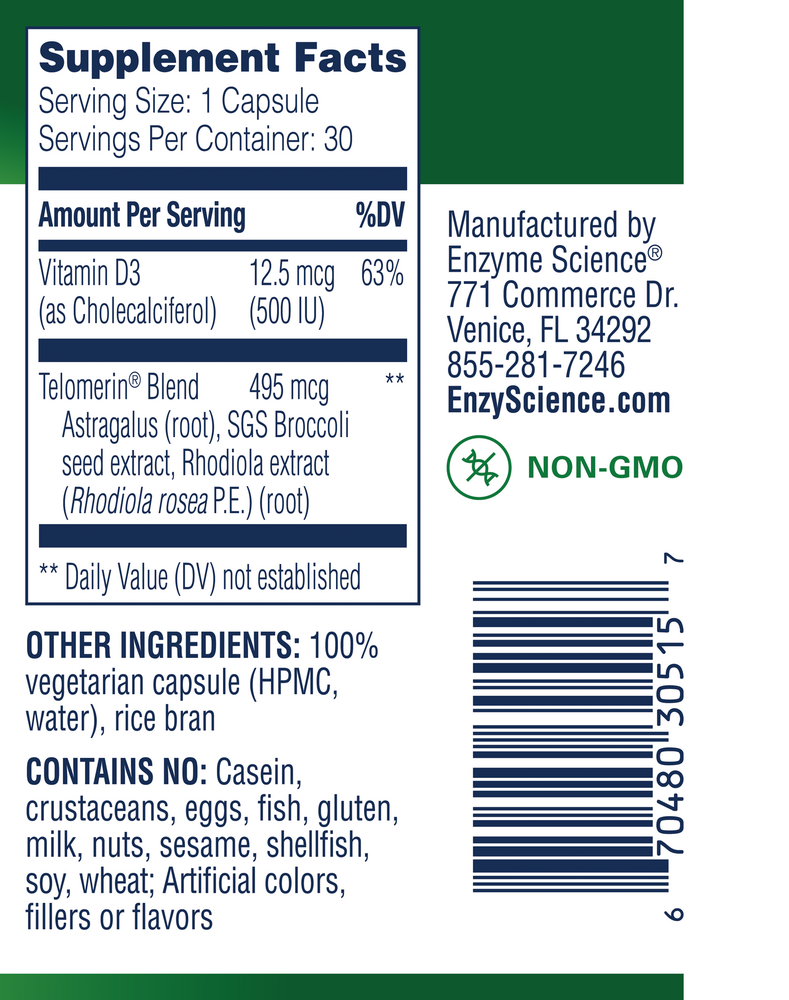 Telomere Pro Supplement Facts Label