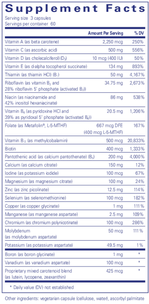 Nutrient 950 W/O Iron 180's Supplement Facts Label