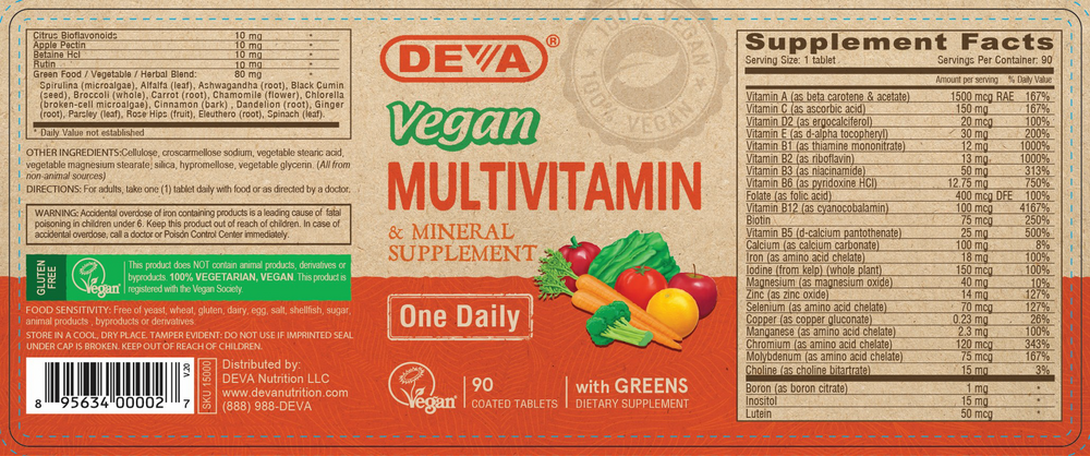 Vegan 1-a-Day Multivitamin Supplement Facts Label