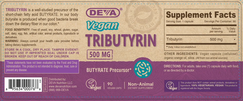 DEVA VEGAN TRIBUTYRIN Supplement Facts Label