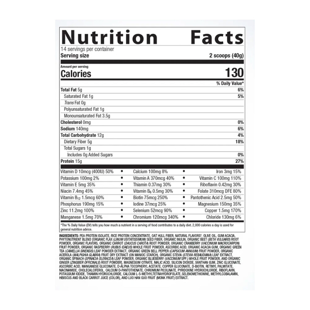 Power Nutrition Shake Mixed Berry Supplement Facts Label