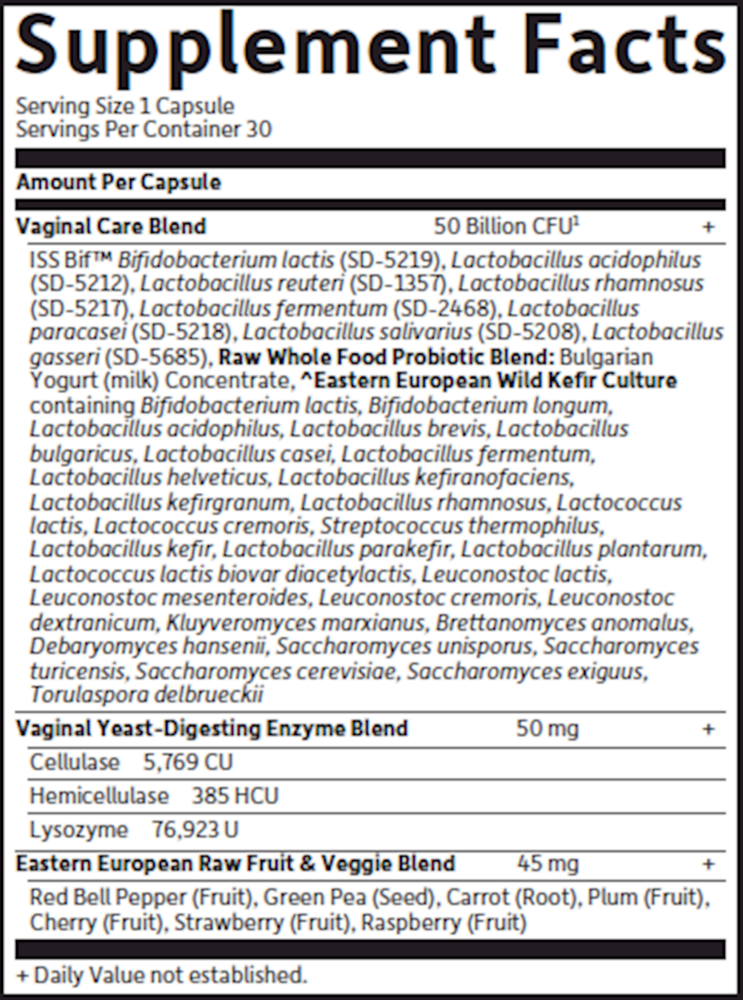 Raw Probiotics Vaginal Care Shelf Stable Supplement Facts Label