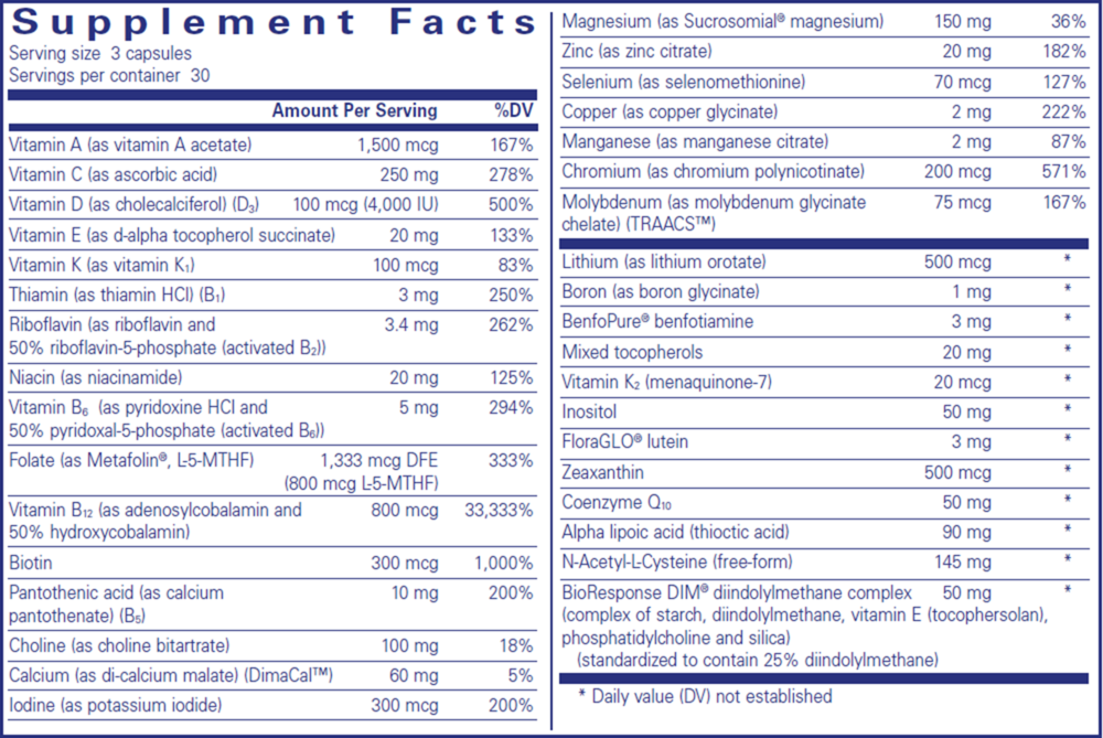 PureGenomics® Ultra Multivitamin Supplement Facts Label