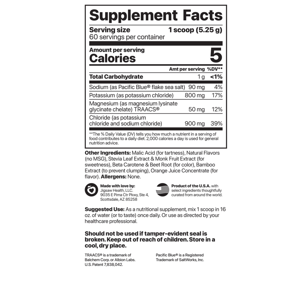 Potassium Cocktail Orange (Previously Pickleball Cocktail) Supplement Facts Label