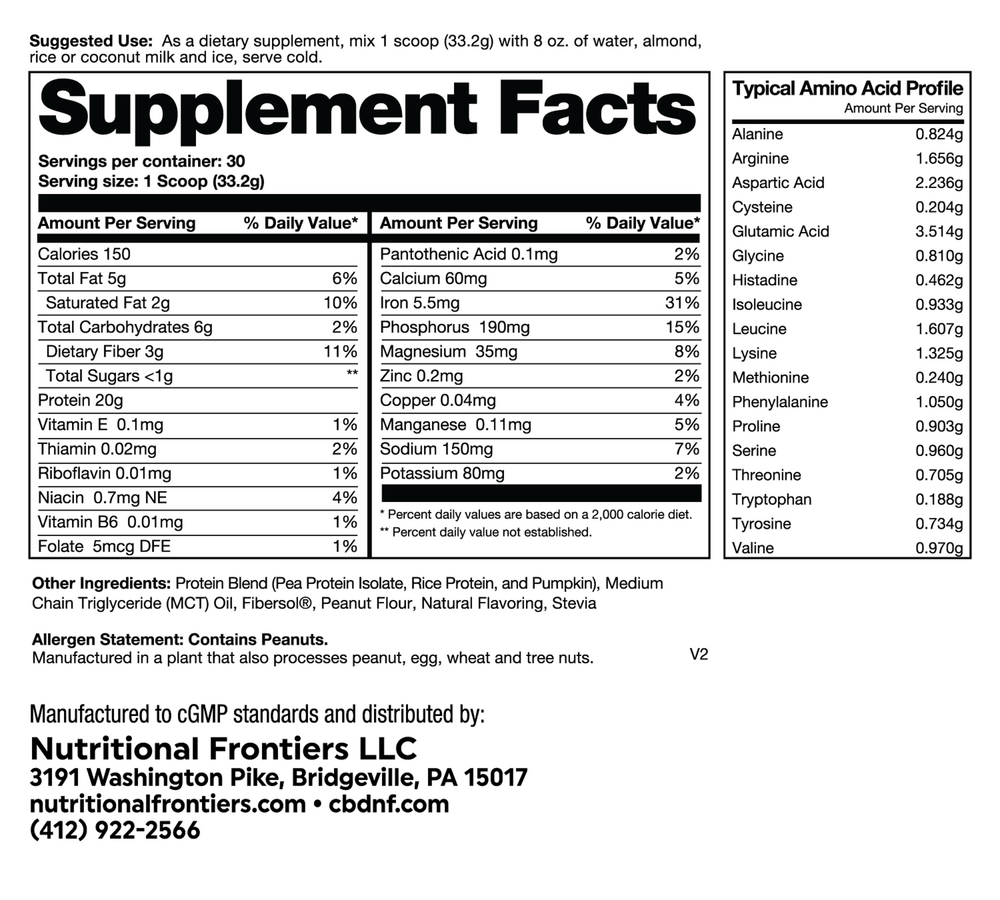 Super Shake Peanut Butter Supplement Facts Label
