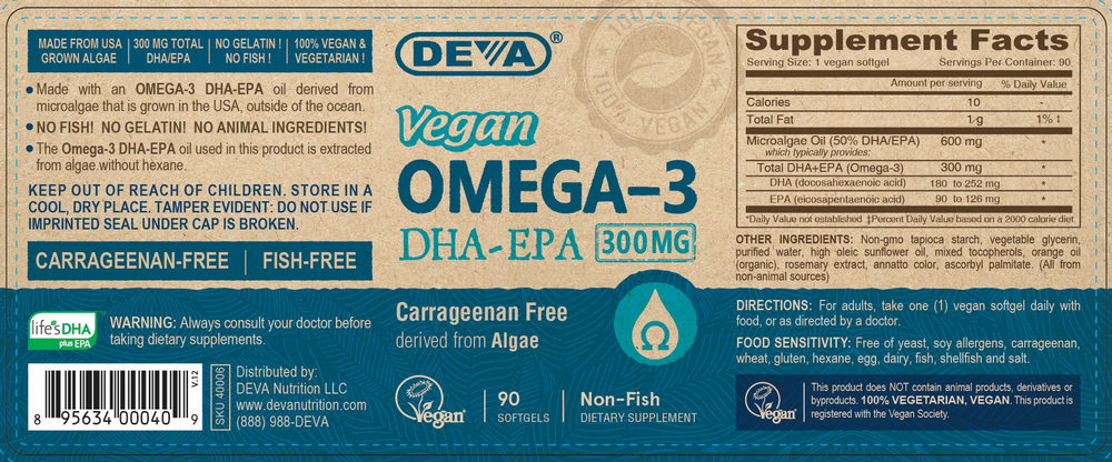 Vegan Omega-3 DHA-EPA 300 mg Supplement Facts Label
