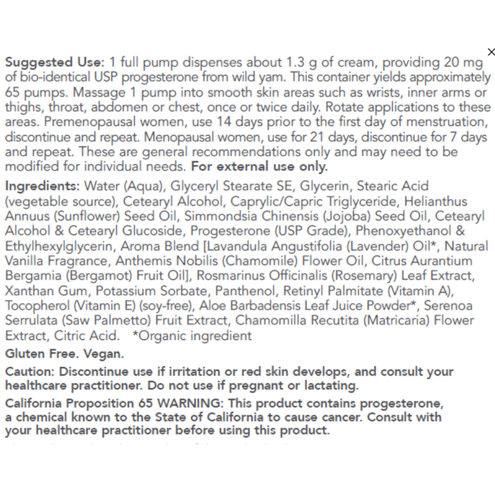 Progesterone Cream Lavender Supplement Facts Label