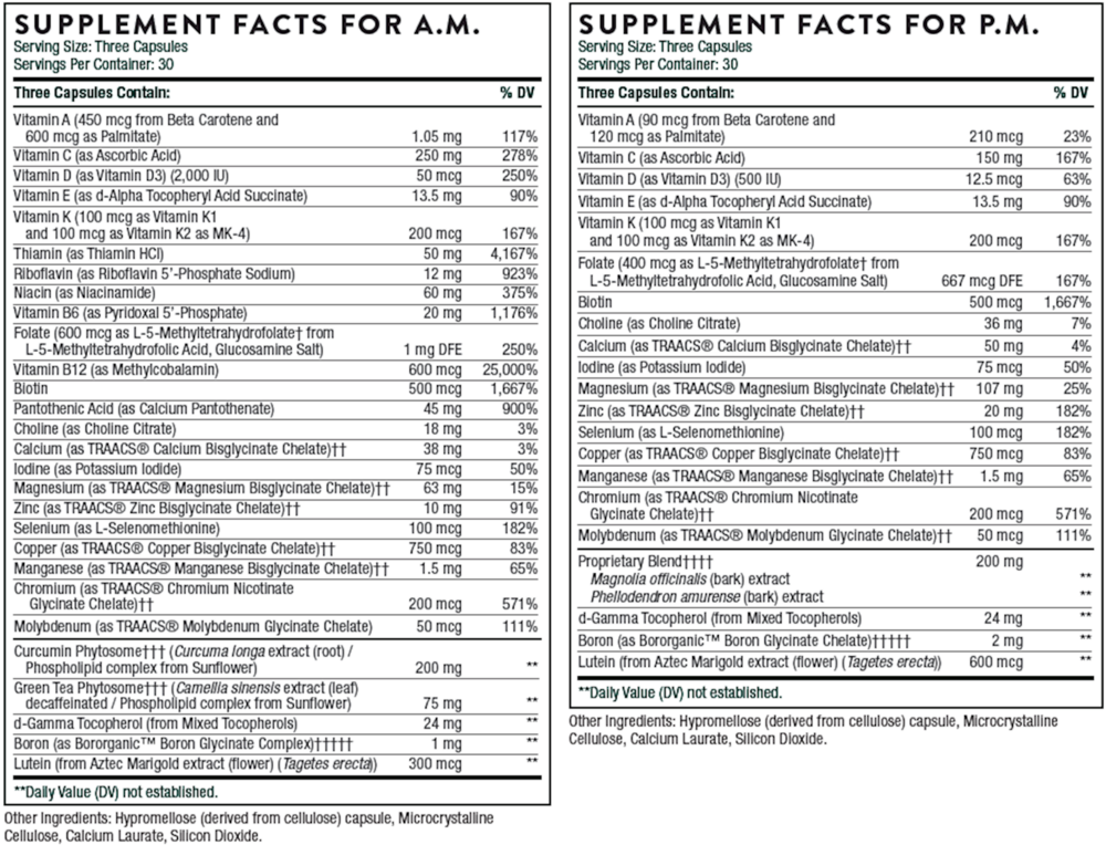 Multi-Vitamin Elite A.M & P.M. Supplement Facts Label